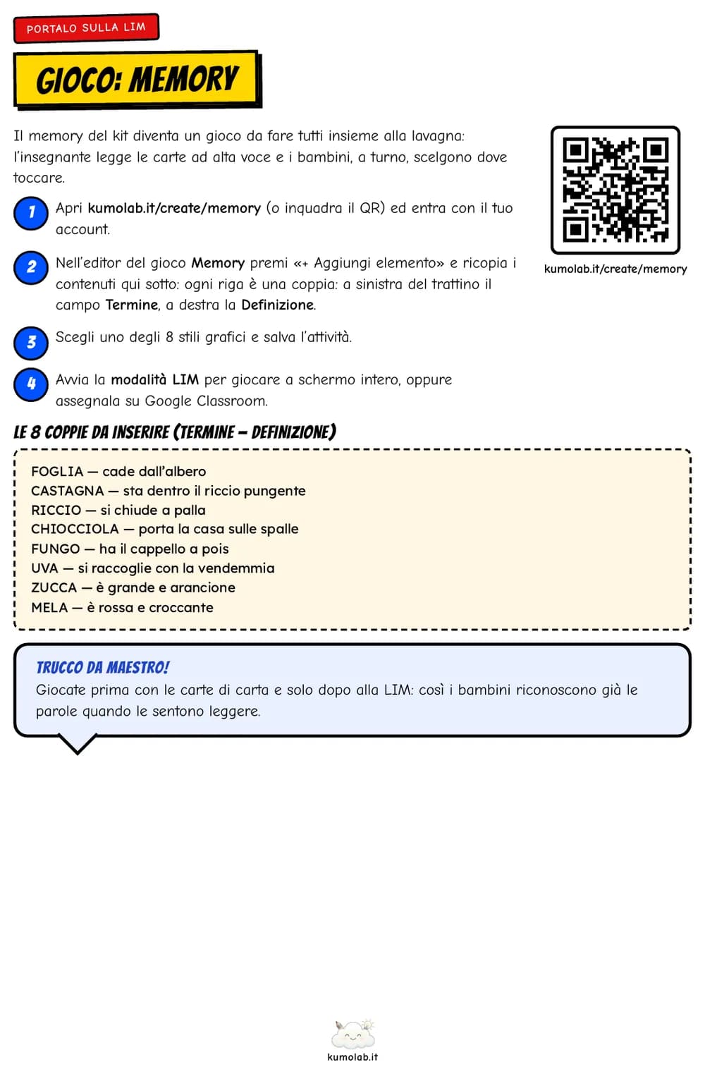 La pagina «Portalo sulla LIM» con i passi per creare il memory, il QR e le otto coppie da inserire