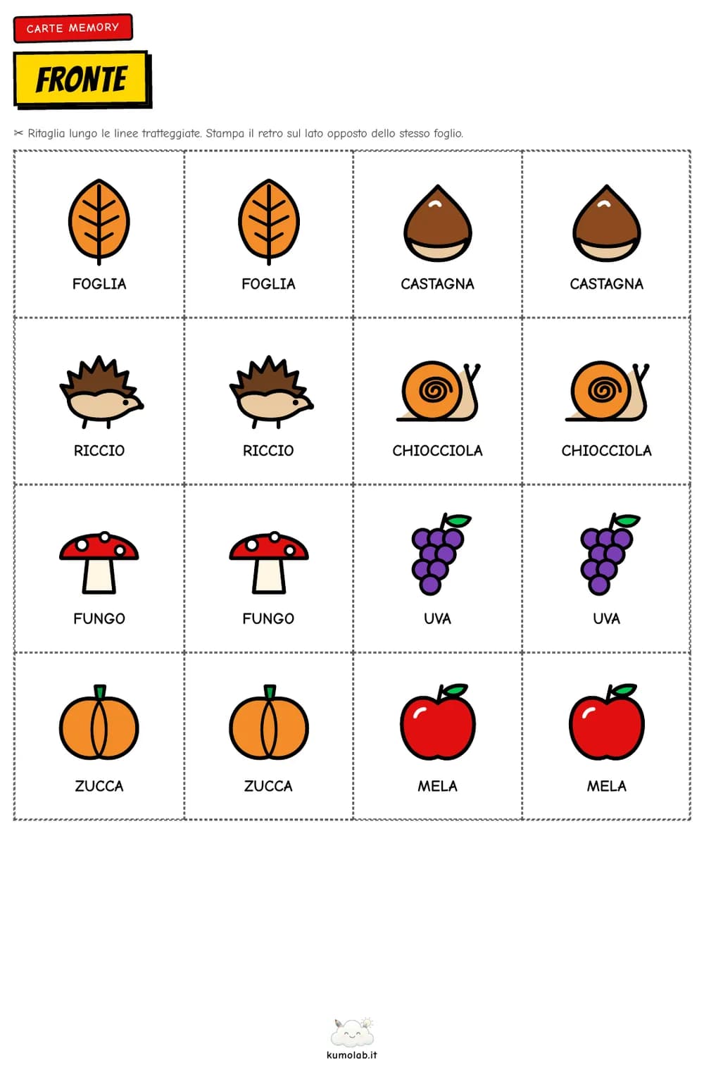 Le sedici carte memory con foglia, castagna, riccio, chiocciola, fungo, uva, zucca e mela