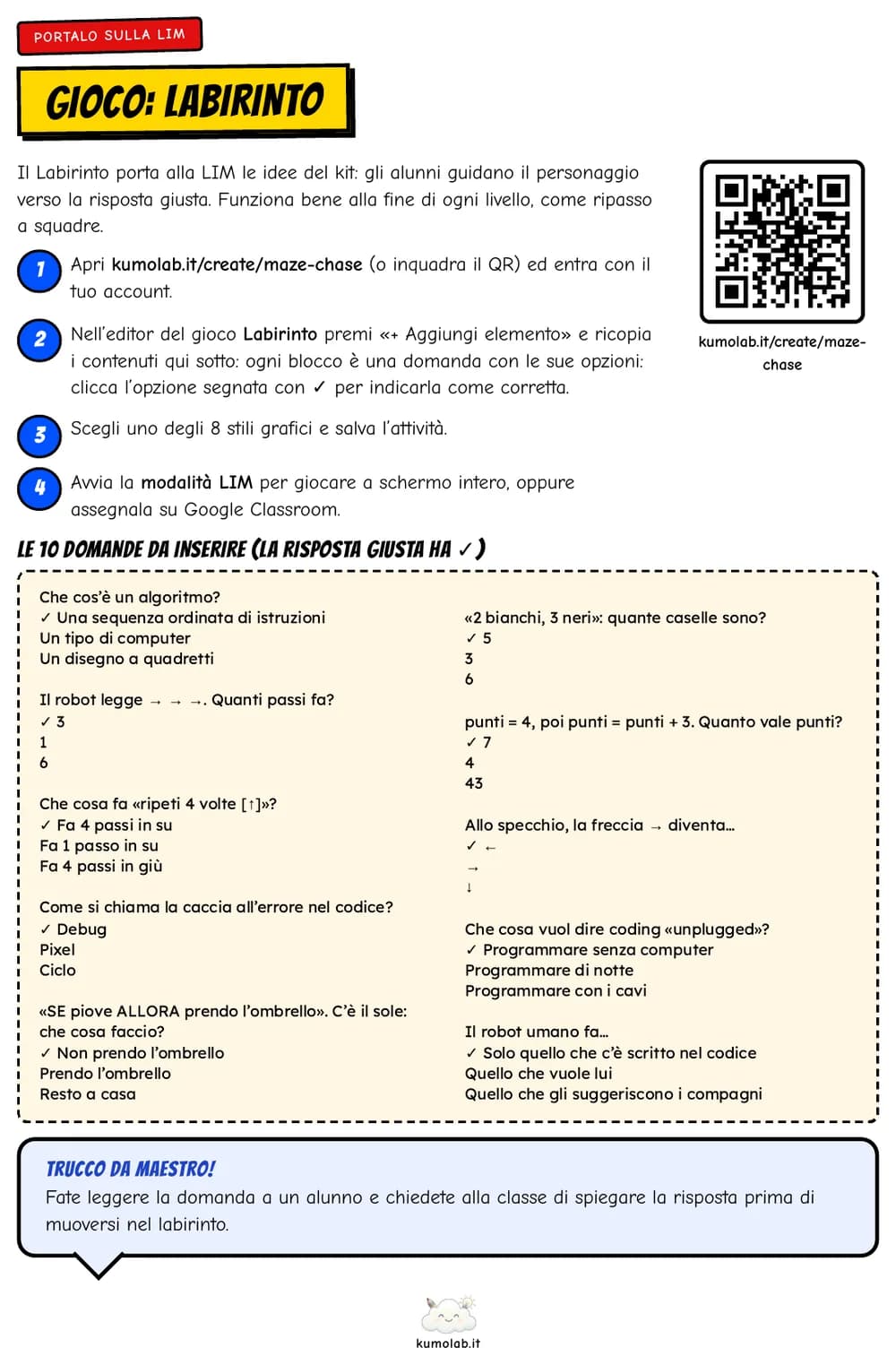 La pagina «Portalo sulla LIM» con i passi per creare il Labirinto, il QR e le dieci domande da inserire