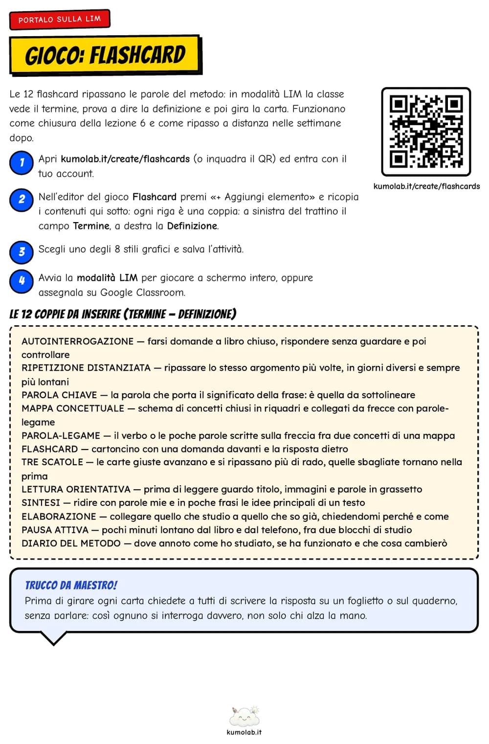 La pagina «Portalo sulla LIM» con i passi per creare il gioco Flashcard, il QR e le dodici coppie