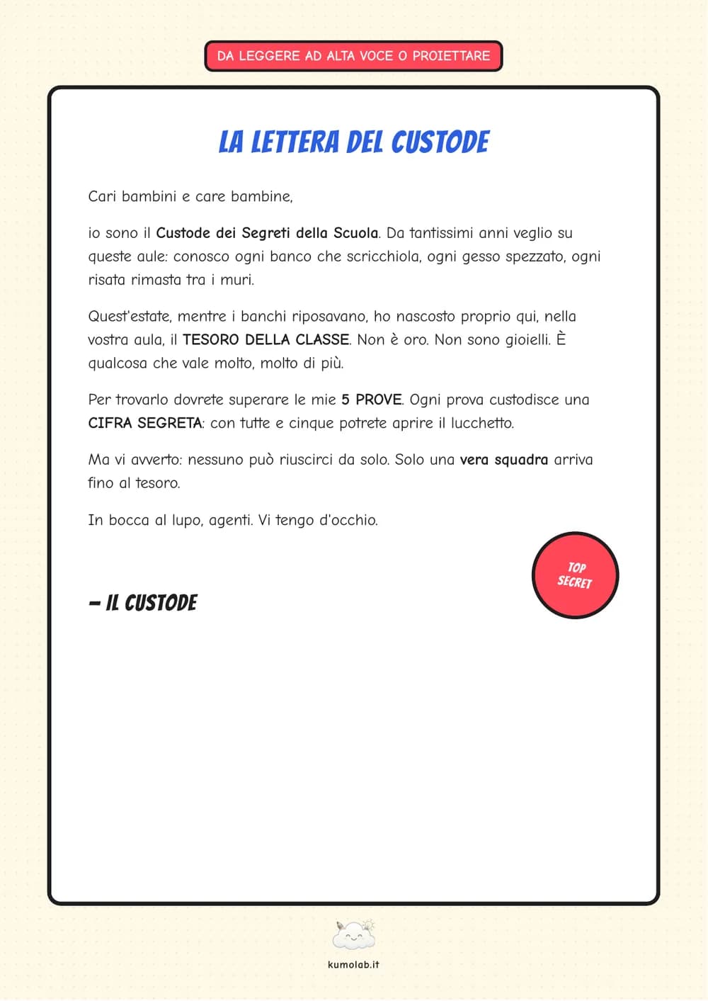 La Lettera del Custode, da leggere ad alta voce o proiettare