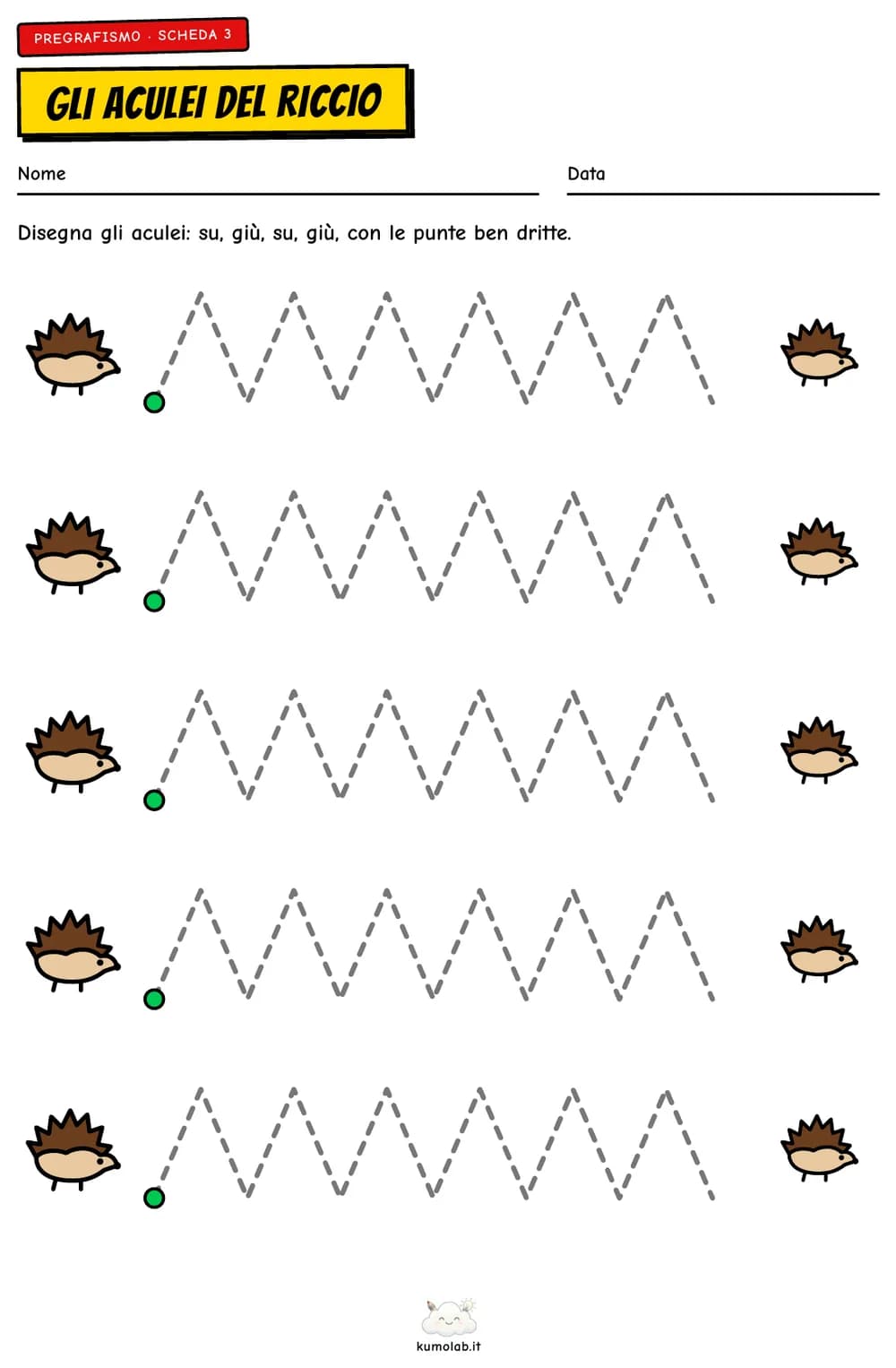 La scheda degli aculei del riccio con quattro righe di zig-zag tratteggiati da ripassare
