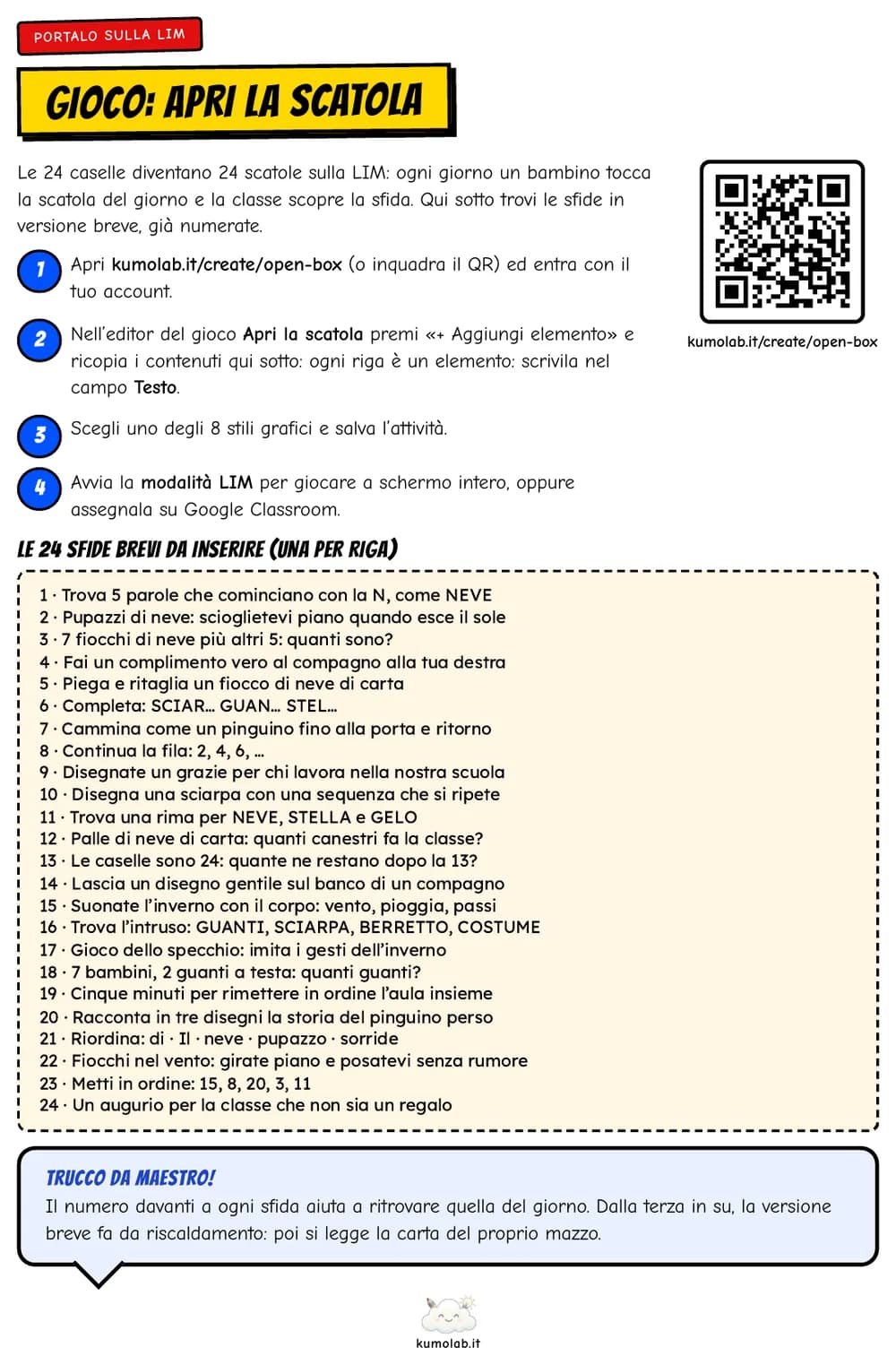 La pagina «Portalo sulla LIM» con i passi per creare il gioco Apri la scatola, il QR e le 24 sfide brevi