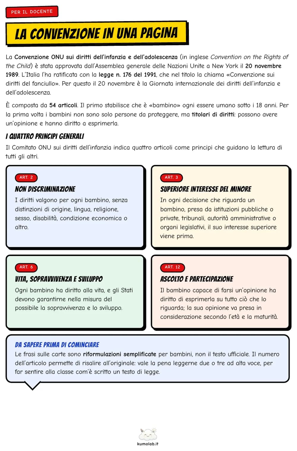 La pagina della guida con la Convenzione spiegata al docente e i quattro principi generali