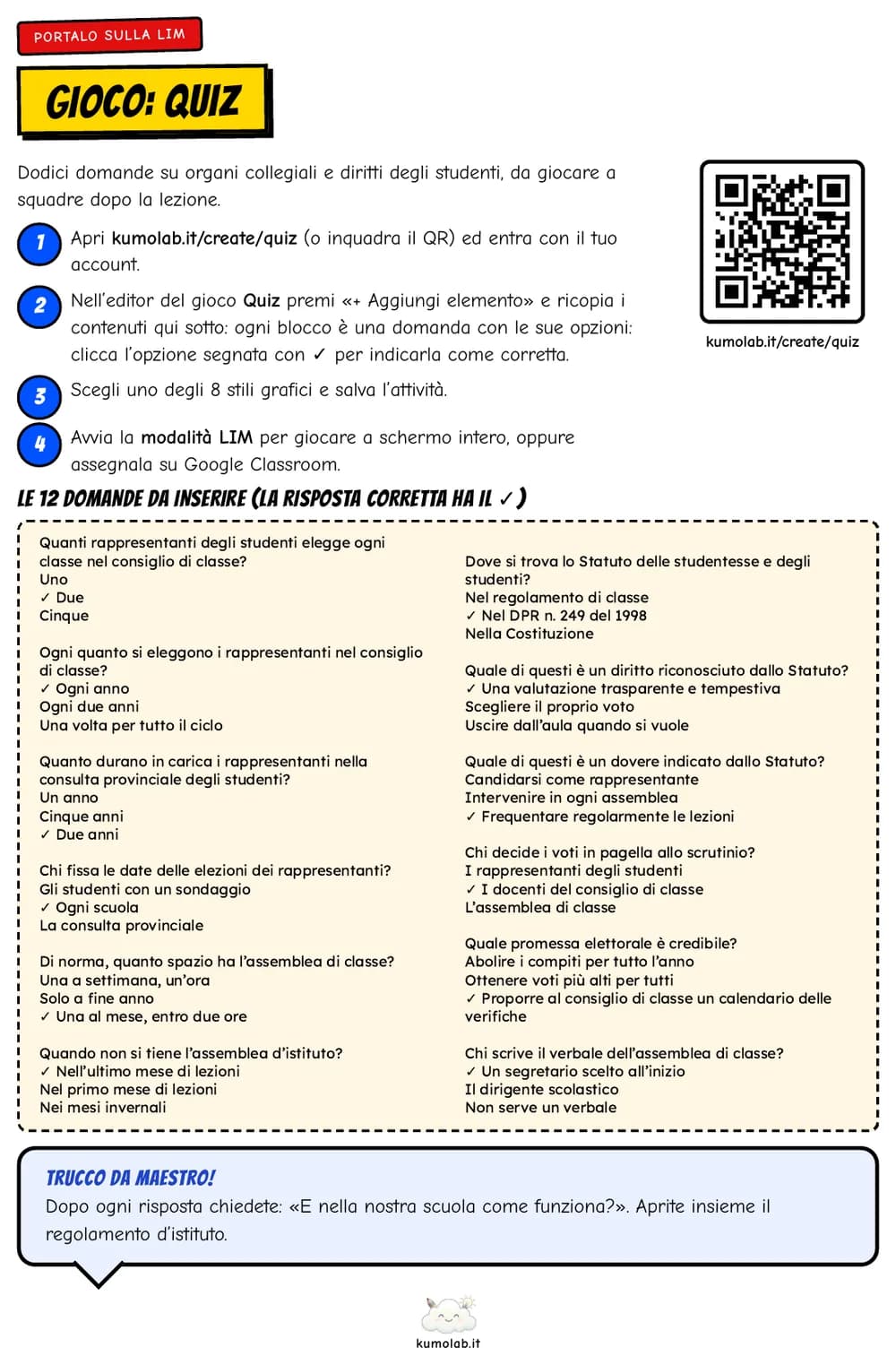La pagina «Portalo sulla LIM» con i passi per creare il quiz, il QR e le dodici domande