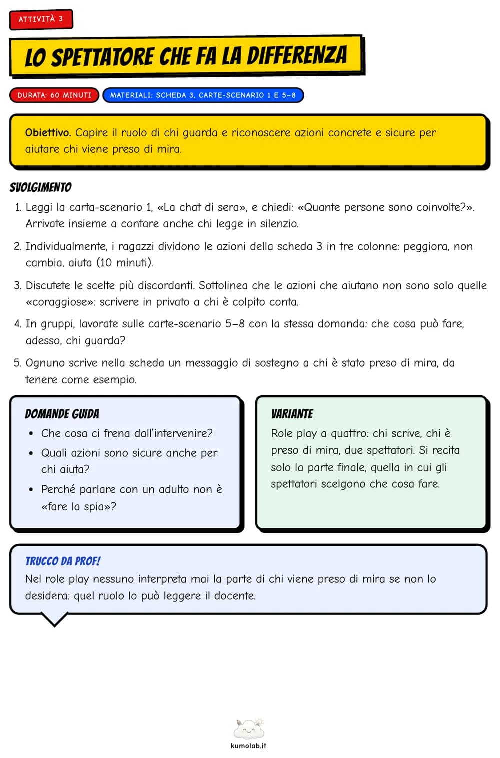 L’attività «Lo spettatore che fa la differenza» con obiettivo, svolgimento, domande guida e variante