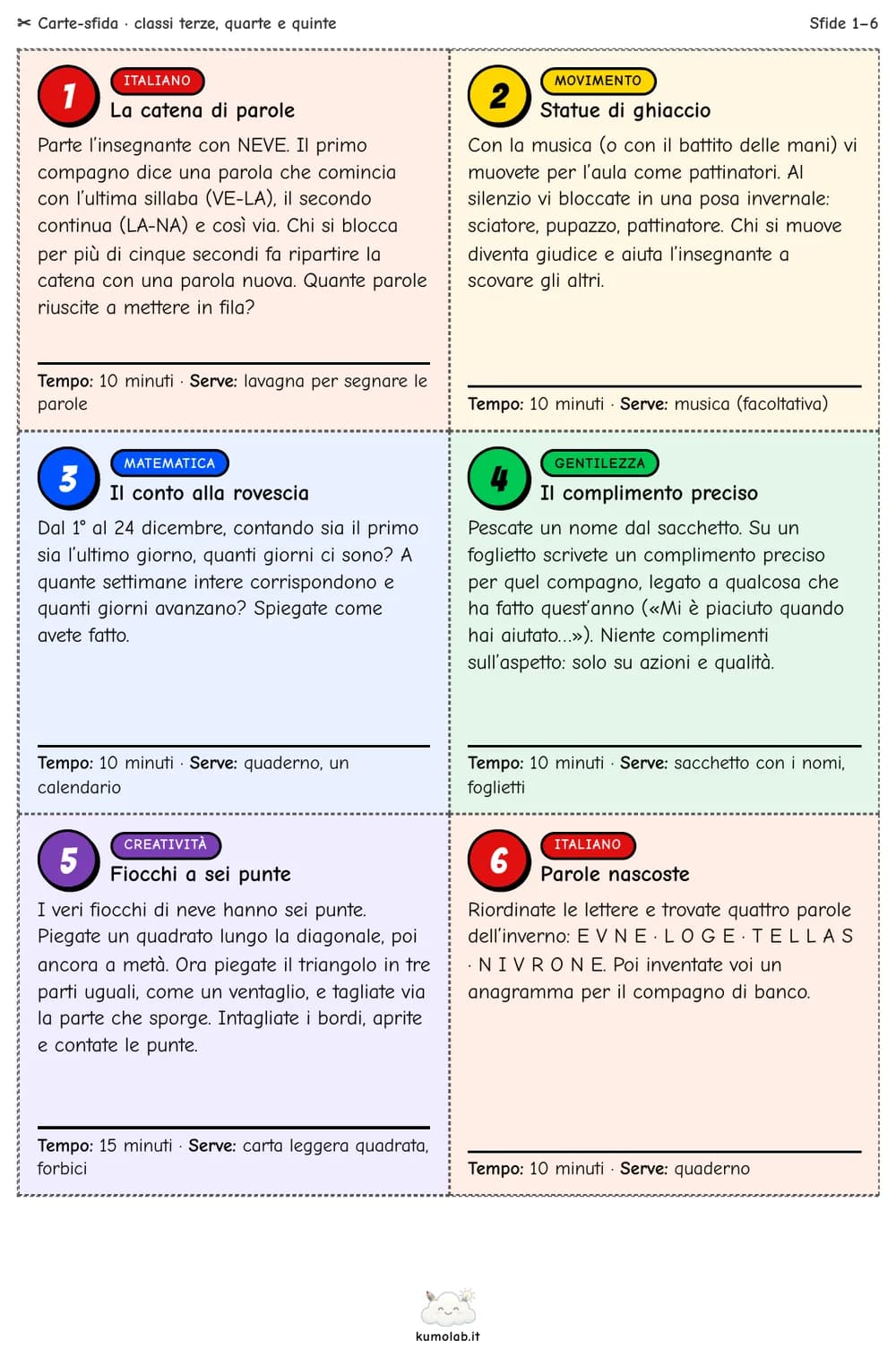 Sei carte-sfida per le classi terze, quarte e quinte, con numero del giorno, categoria colorata, consegna, tempo e materiale