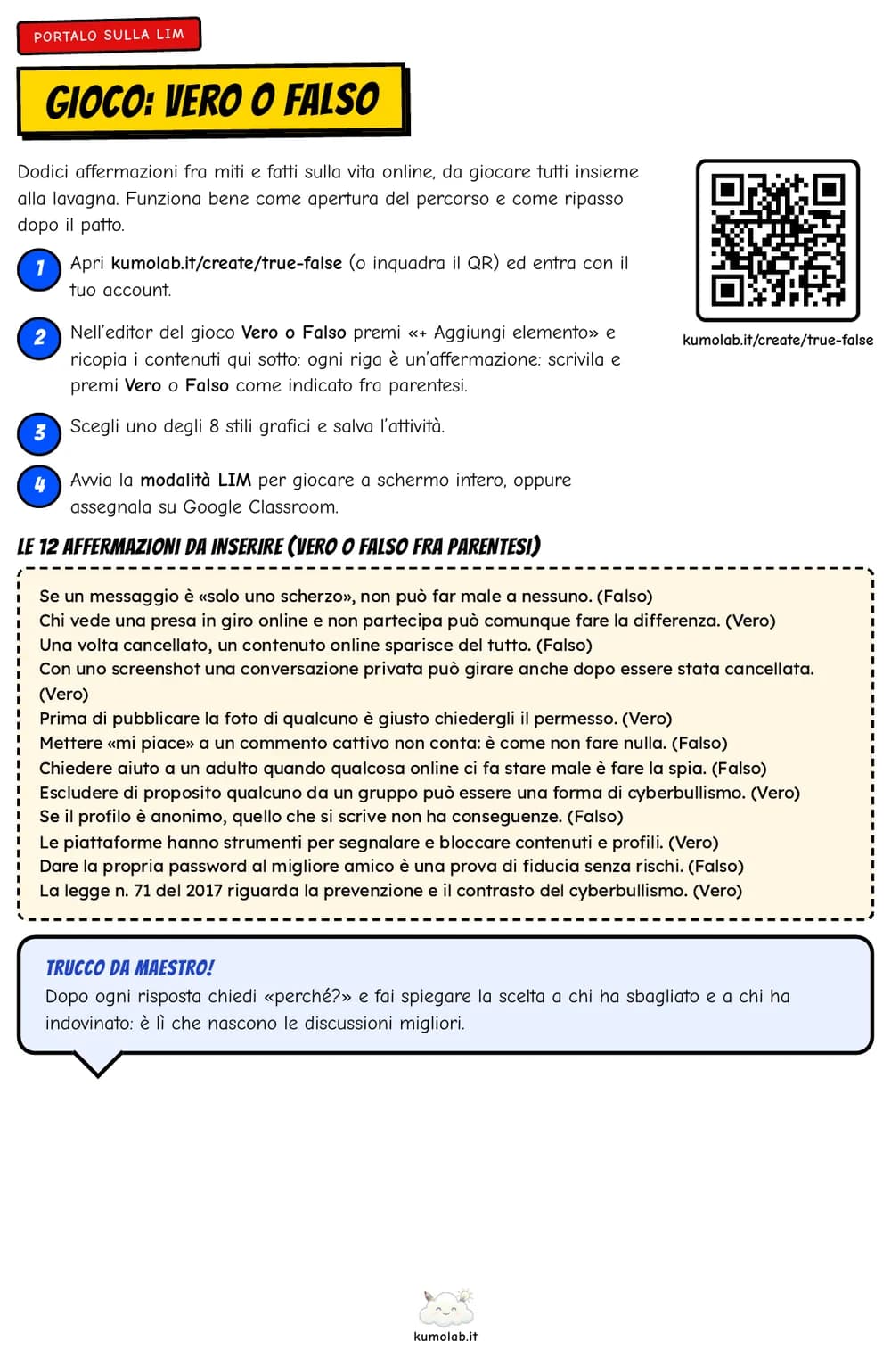 La pagina «Portalo sulla LIM» con i passi per creare il gioco Vero o Falso, il QR e le dodici affermazioni