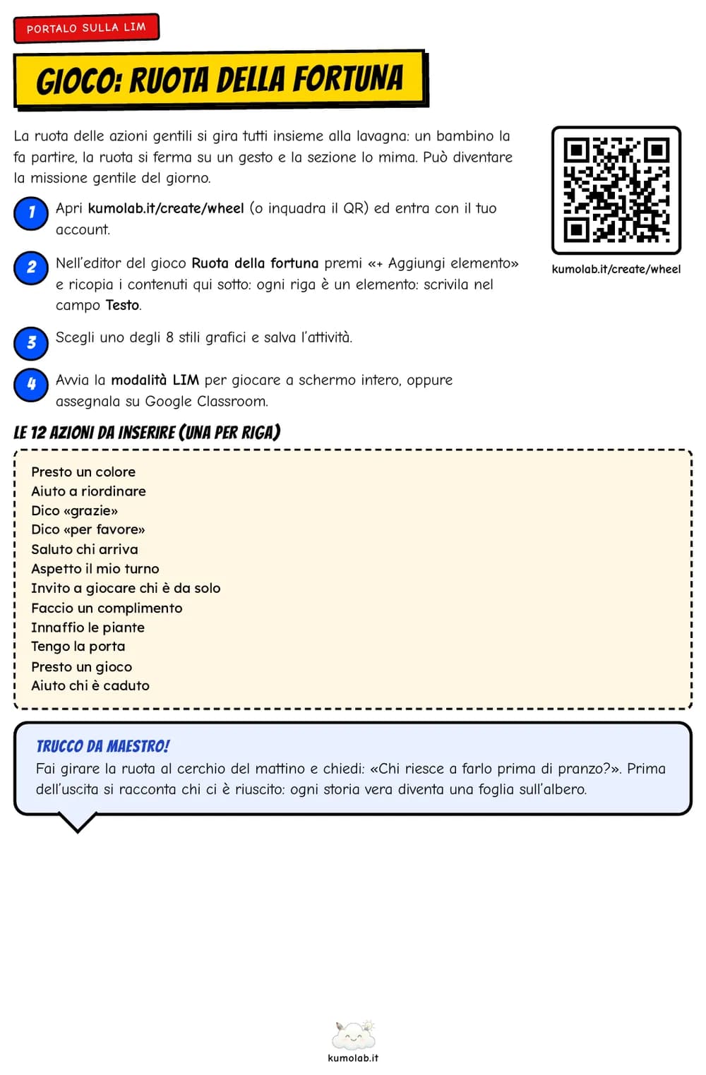 La pagina «Portalo sulla LIM» con i passi per creare la ruota, il QR e le 12 azioni gentili da inserire