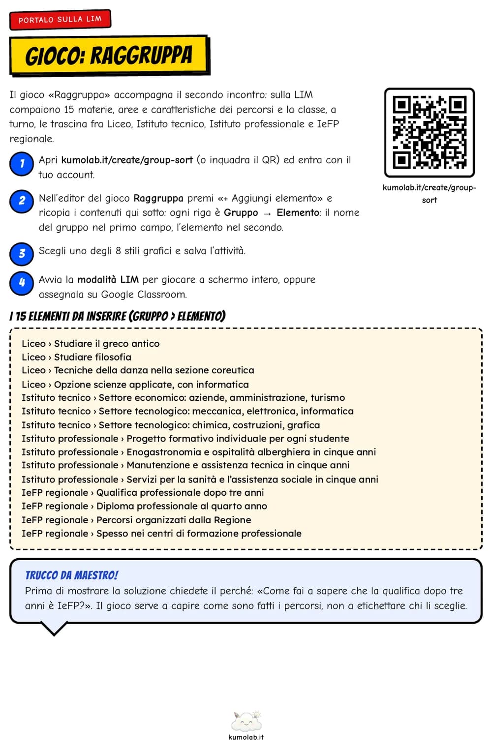 La pagina «Portalo sulla LIM» con i passi per creare il gioco Raggruppa, il QR e gli elementi da inserire