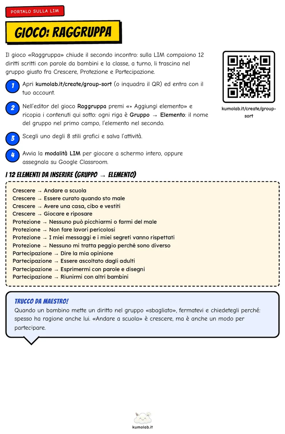 La pagina «Portalo sulla LIM» con i passi per creare il gioco Raggruppa, il QR e i dodici elementi