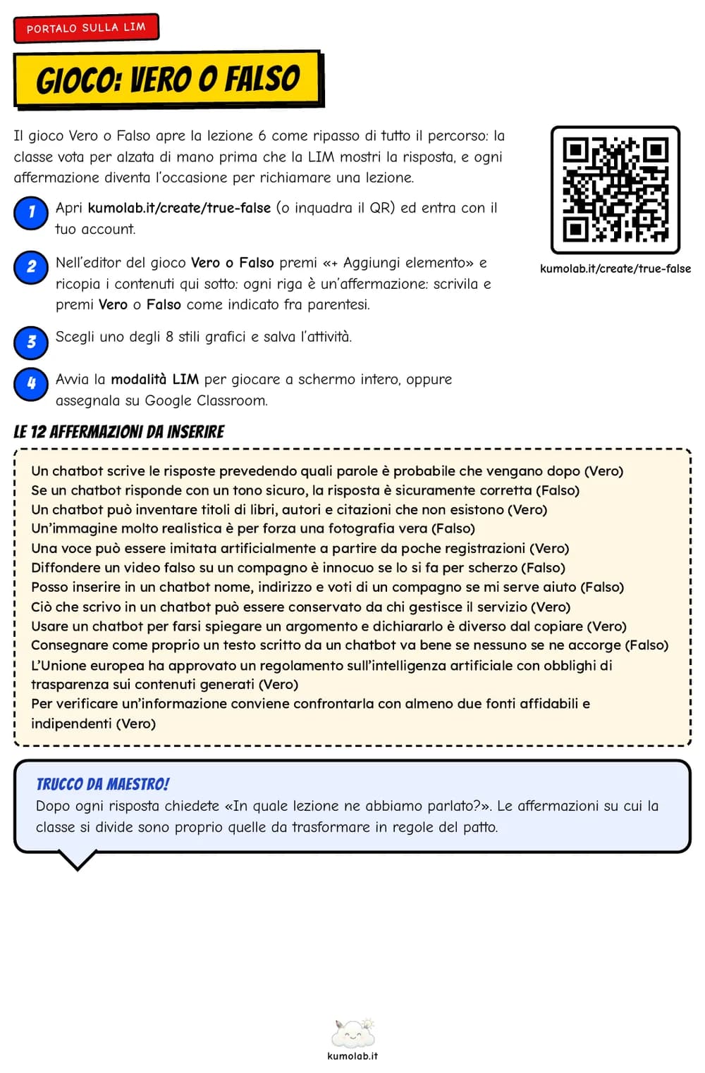 La pagina «Portalo sulla LIM» con i passi, il QR e le dodici affermazioni del Vero o Falso