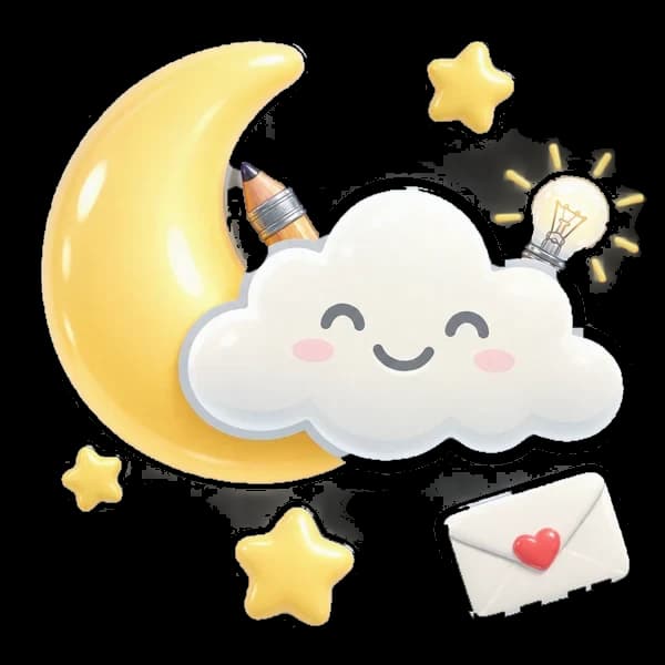 Kumo che riposa accanto alla luna, con tre stelle e una busta