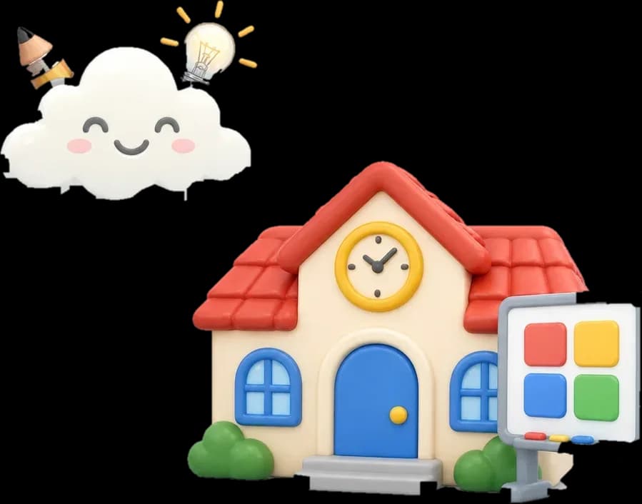 Una scuola giocattolo con l’orologio sul tetto e una lavagna con quattro riquadri colorati, e Kumo che la guarda dall’alto